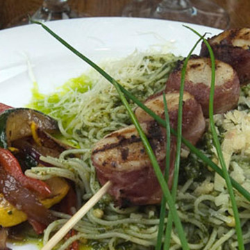Pasta with roasted vegetables and kebab